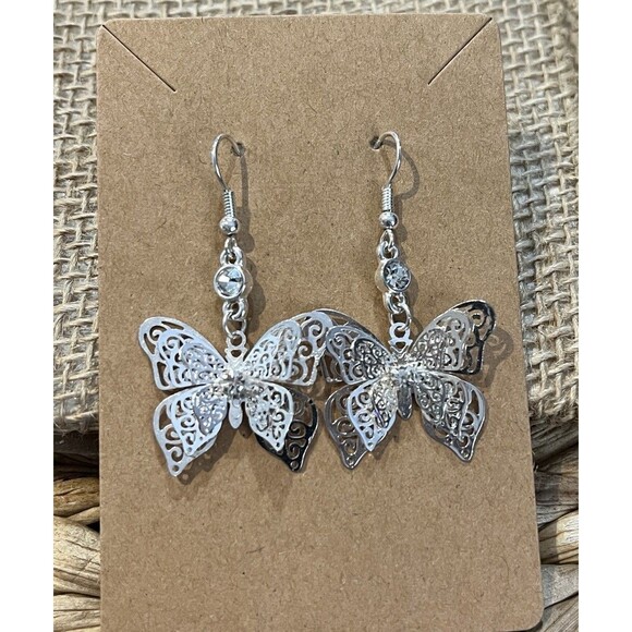 Silver Tone Filigree Style 3D Butterfly Earrings Rhinestone Accents Novelty - Picture 1 of 7